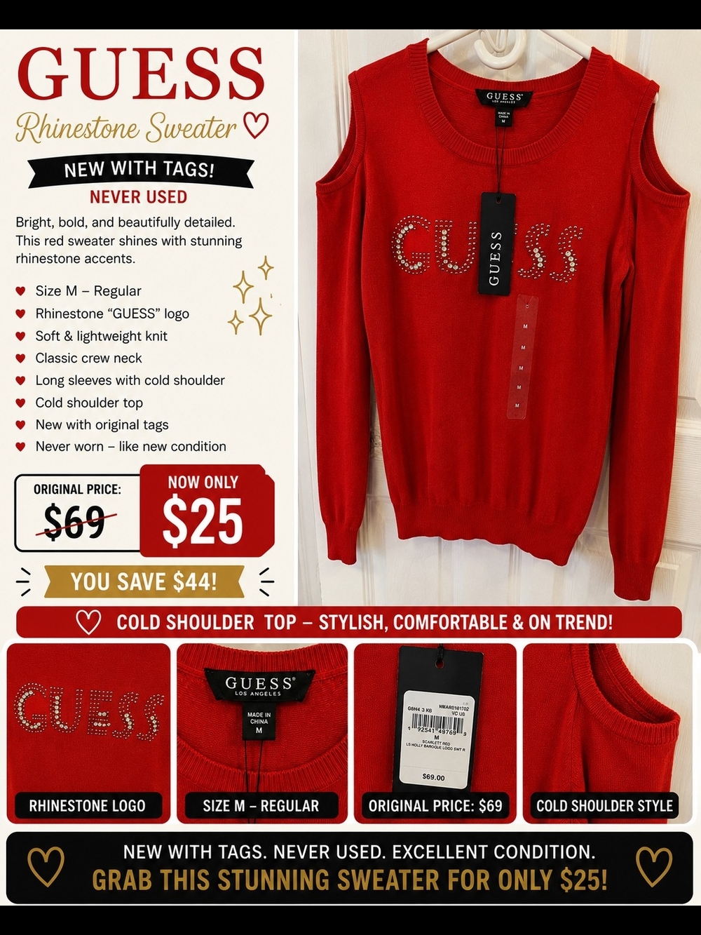 GUESS Red Rhinestone Cold-Shoulder Sweater